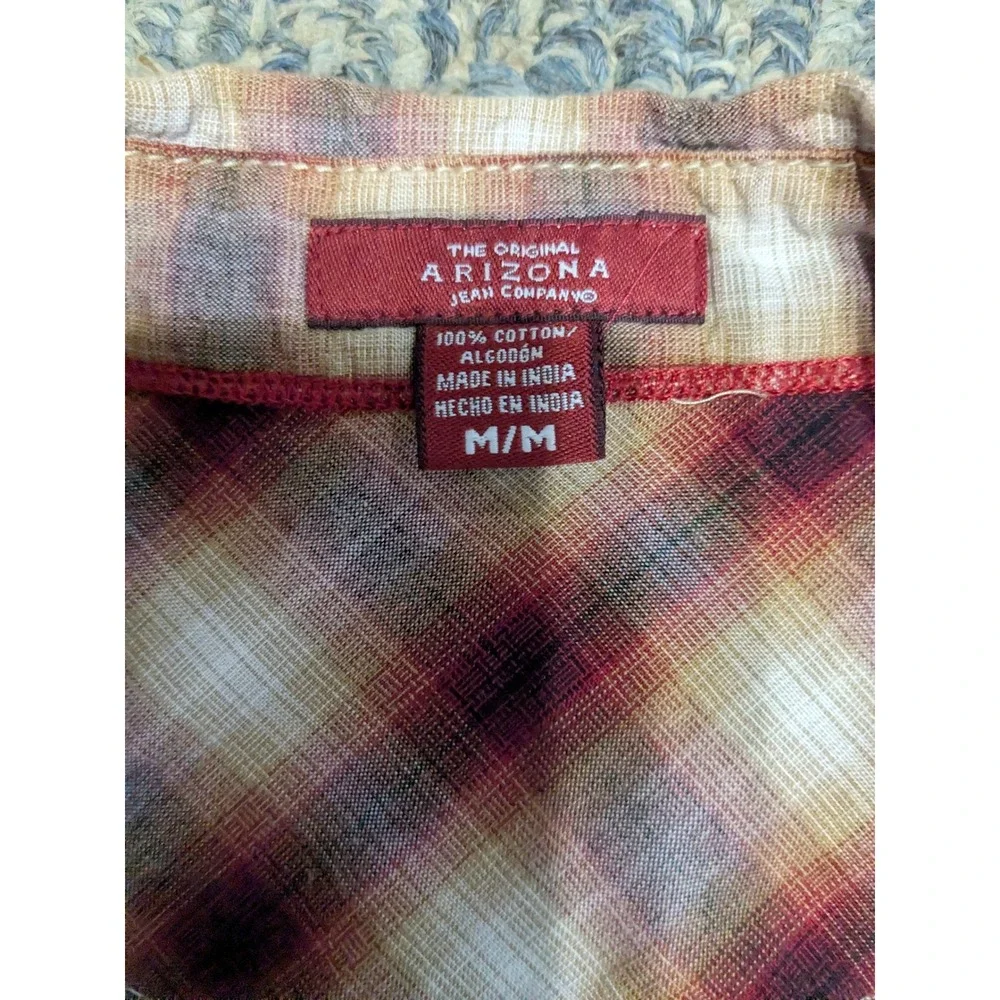 Arizona Jean Company Mens Western Plaid Snap Button Shirt Burgundy Tan Medium - Picture 3 of 6